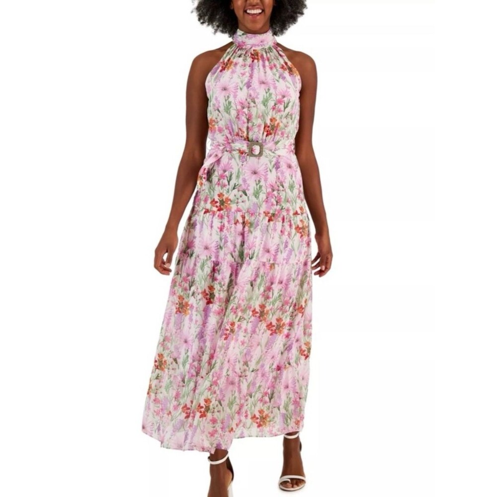 NWT Taylor Floral Halter Maxi Dress w/ Belt Garden pastel Size Medium